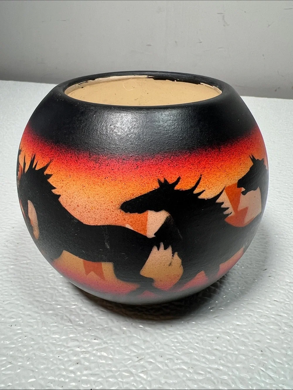 VINTAGE Hozoni Pottery Navajo Diné Horse Sunset Bowl - Hand Painted Southwestern
